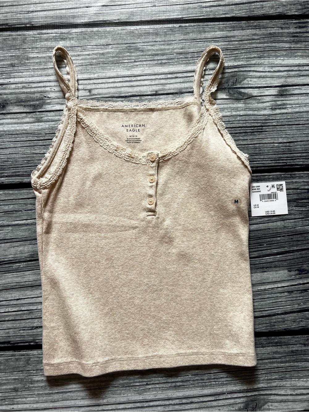 American Eagle Outfitters beige lace-trim henley cami top